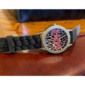 Women's ETC. Watch, Silver Tone with Leopard Print Face, "Love" Printed on Face